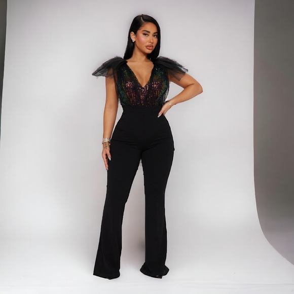 Fashion Nova Pants - SEQUIN JUMPSUIT BLACK SIZE XL